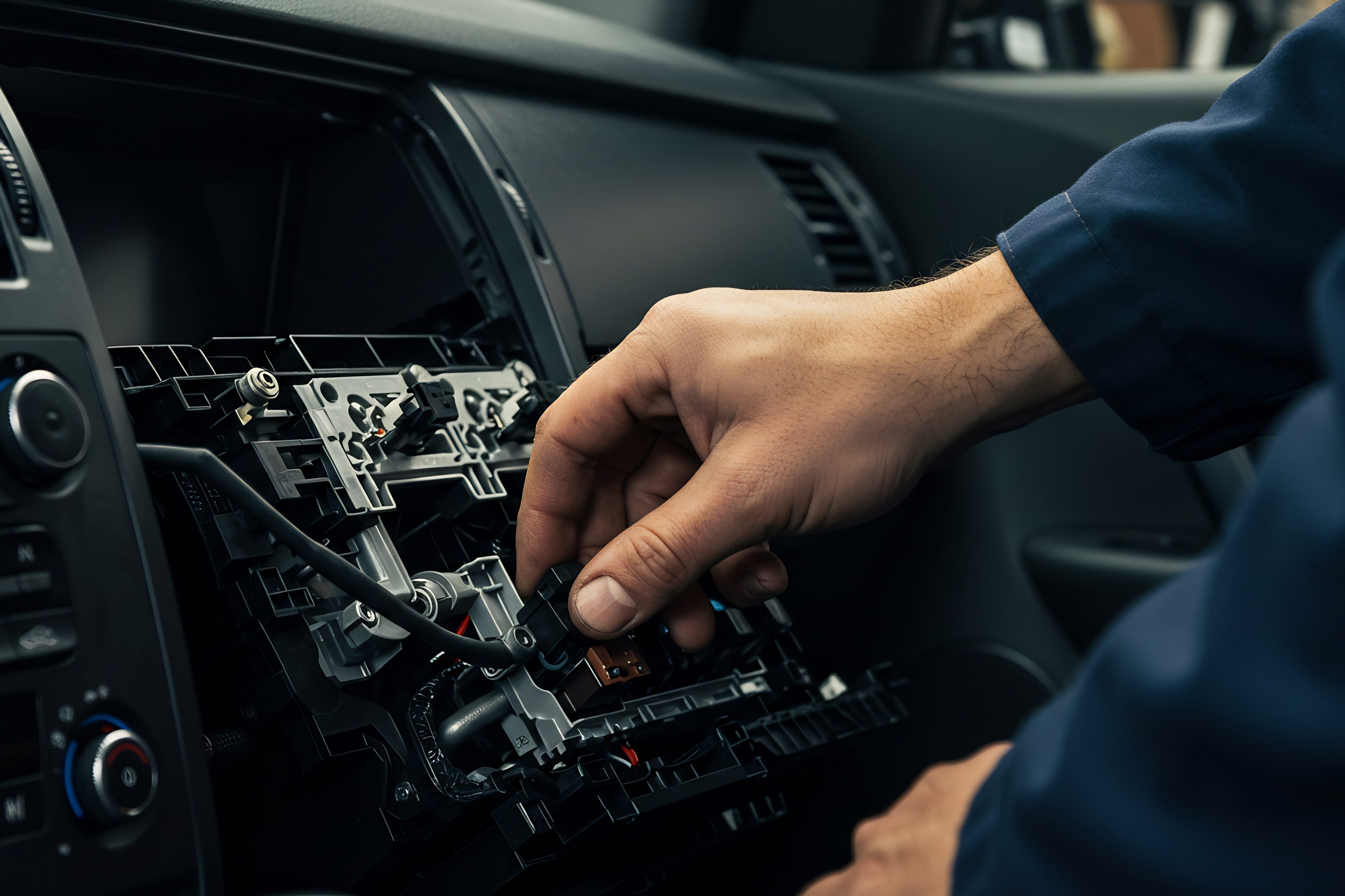 Mechanic repairing car stereo system; close up shot shows precise work in dim light.. AI Generated